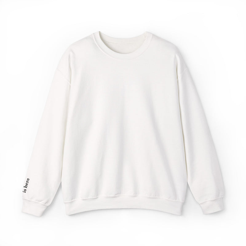 Crewneck Sweatshirt - Minimal White Cozy Pullover "The best is here" sleeve embroidery
